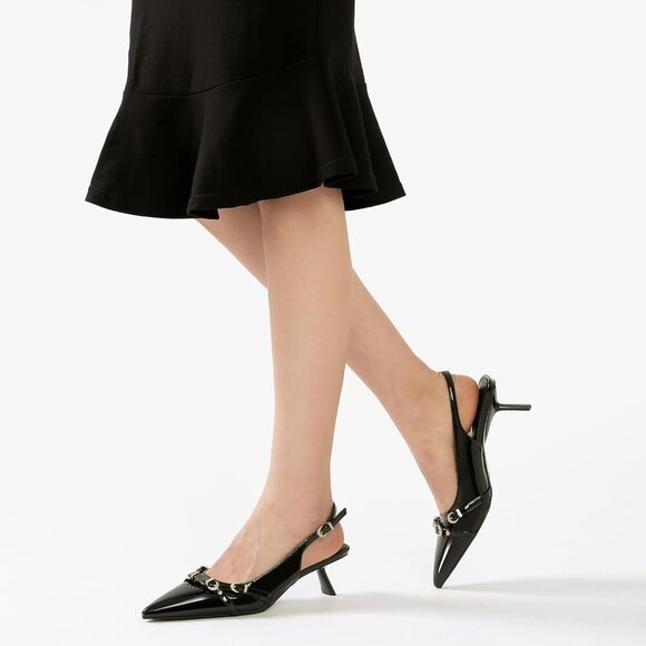 Black Pointed Toe Pumps Leather Low Heel Slingback Heels with Buckle Dress Shoe - Picture 5 of 9